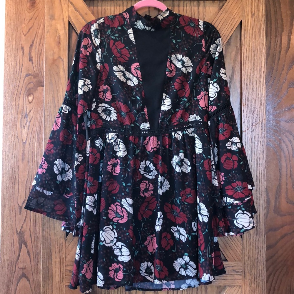 Mock Neck Bell Sleeve Floral Dress